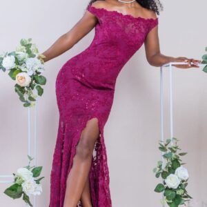 Goddiva Lace Scallop Edge Mermaid Maxi Dress - Burgundy