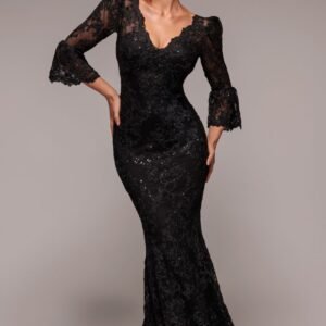 Goddiva Scalloped Lace Maxi Dress - Black