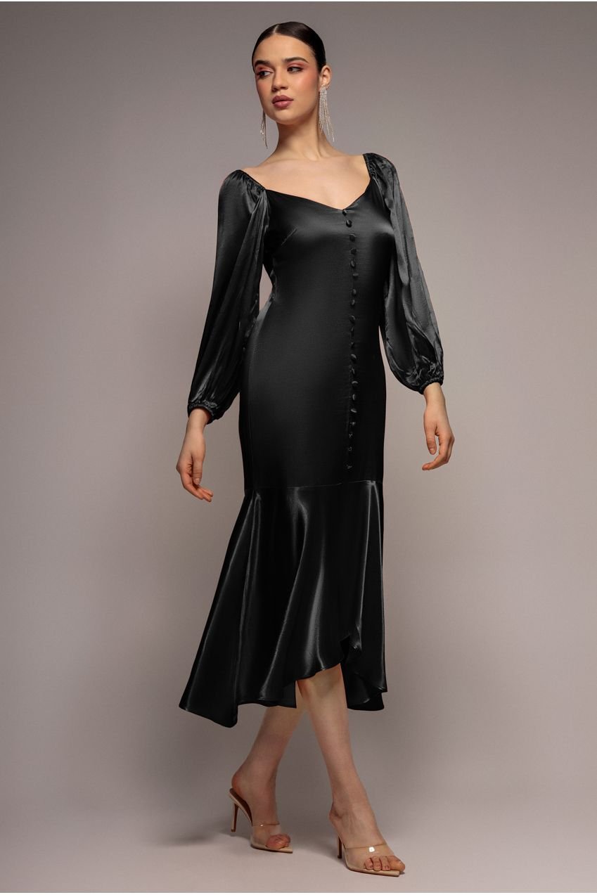 Goddiva Satin Viscose Front Buttoned Dipped Hem Midaxi Dress – Black