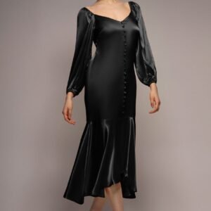 Goddiva Satin Viscose Front Buttoned Dipped Hem Midaxi Dress - Black