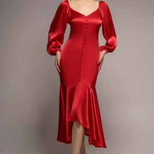 Goddiva Satin Viscose Front Buttoned Dipped Hem Midaxi Dress - Red