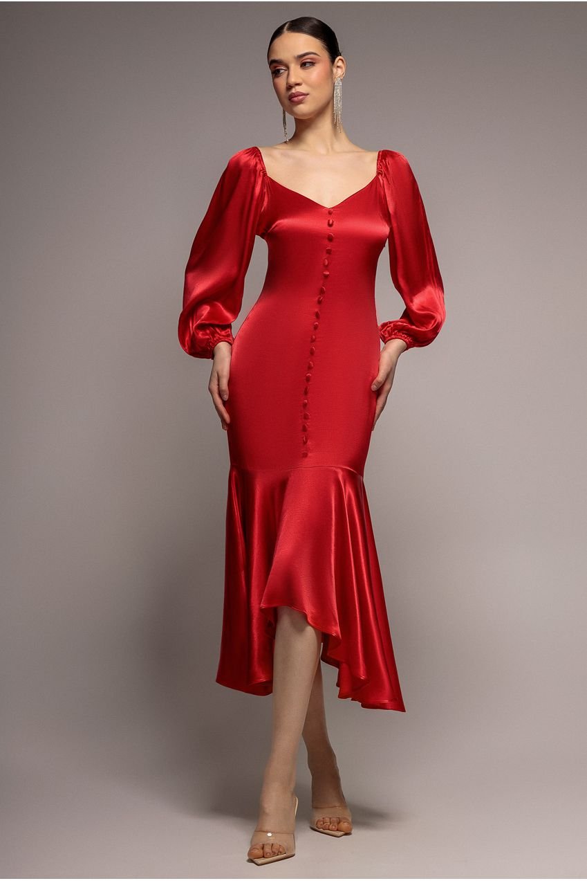 Goddiva Satin Viscose Front Buttoned Dipped Hem Midaxi Dress – Red