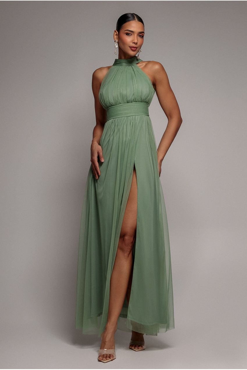 Goddiva Halter Neck Mesh Tie Maxi Dress – Dusty Sage