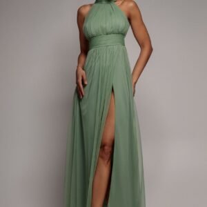 Goddiva Halter Neck Mesh Tie Maxi Dress - Dusty Sage