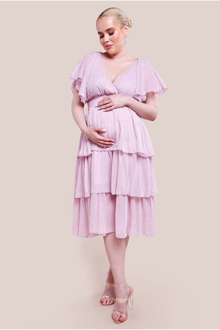 Goddiva Maternity Plain Lurex Chiffon Tiered Midi Dress – Pink