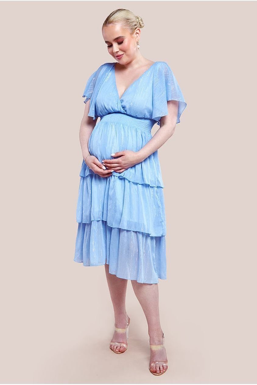 Goddiva Maternity Plain Lurex Chiffon Tiered Midi Dress – Light Blue