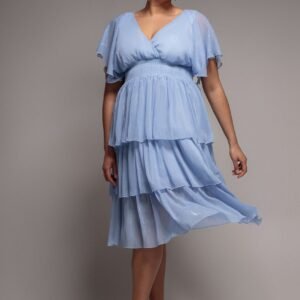 Goddiva Plus Plain Lurex Chiffon Tiered Midi Dress - Light Blue