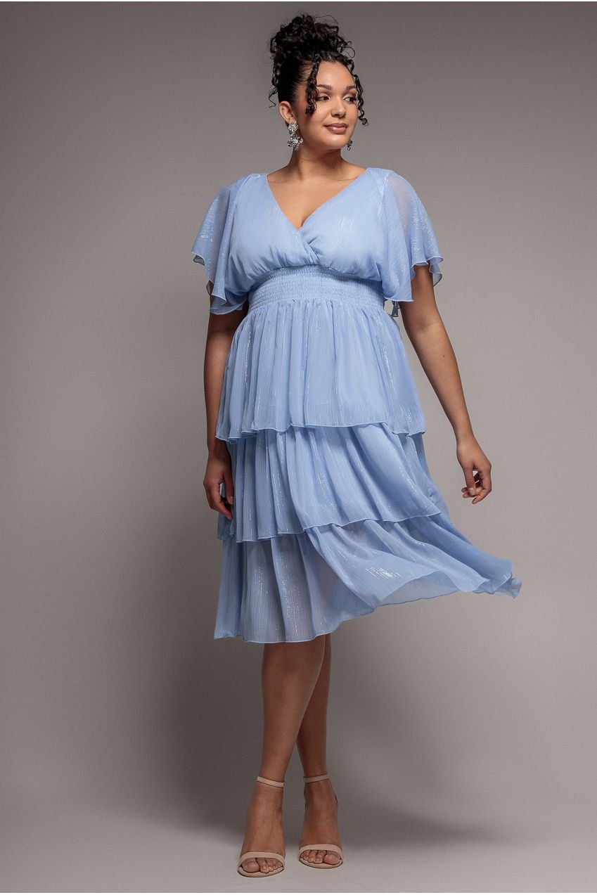 Goddiva Plus Plain Lurex Chiffon Tiered Midi Dress – Light Blue