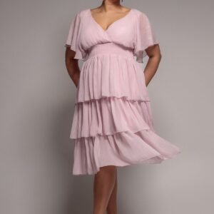 Goddiva Plus Plain Lurex Chiffon Tiered Midi Dress - Blush Pink