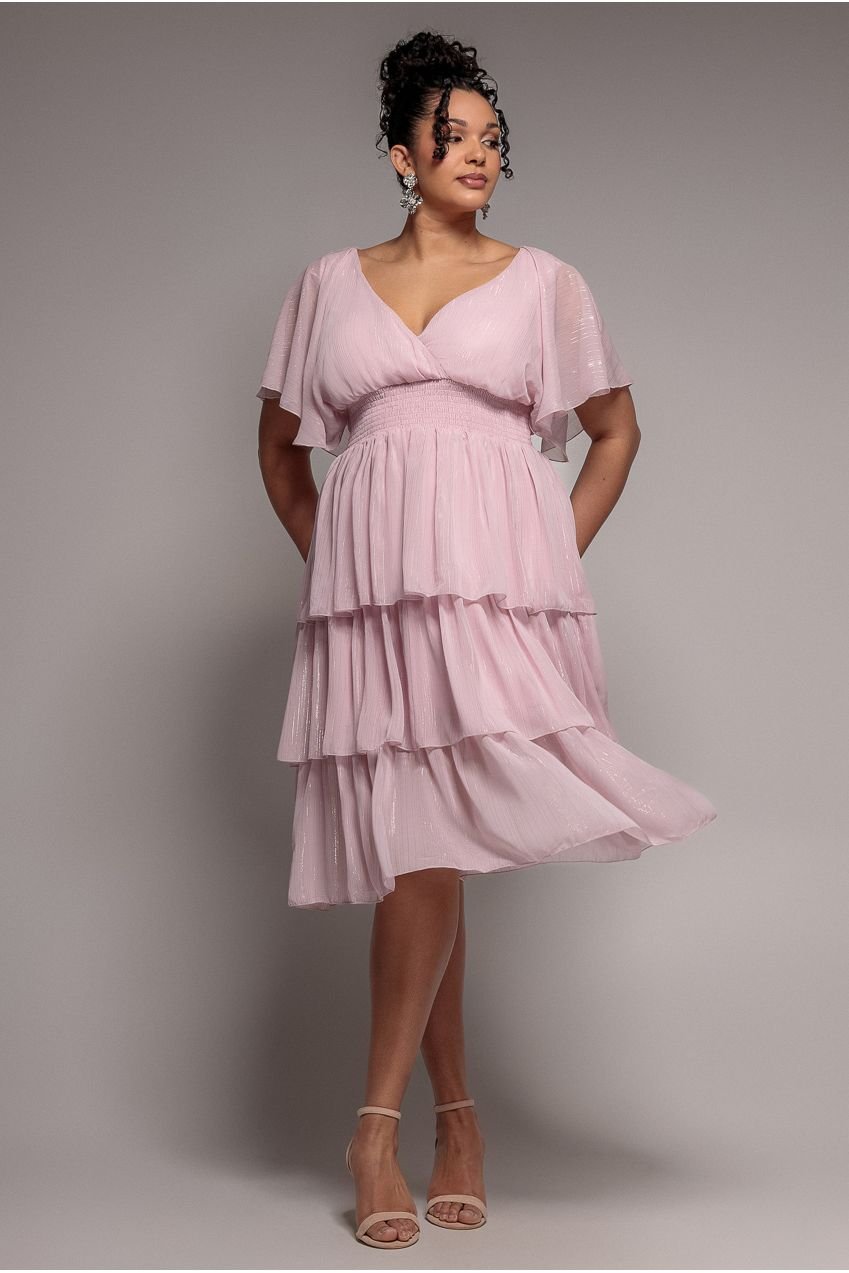 Goddiva Plus Plain Lurex Chiffon Tiered Midi Dress – Blush Pink