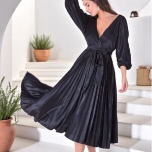 Goddiva Satin Pleated Skirt Wrap Midi Dress - Black