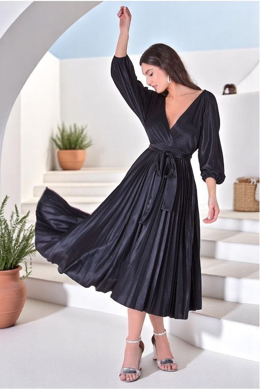 Goddiva Satin Pleated Skirt Wrap Midi Dress – Black