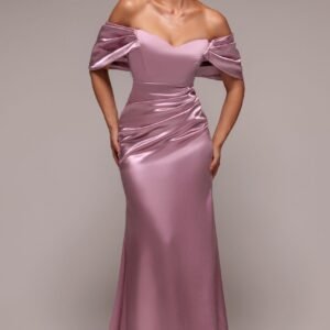 Goddiva Off Shoulder Satin Maxi With V Neck - Rosepink