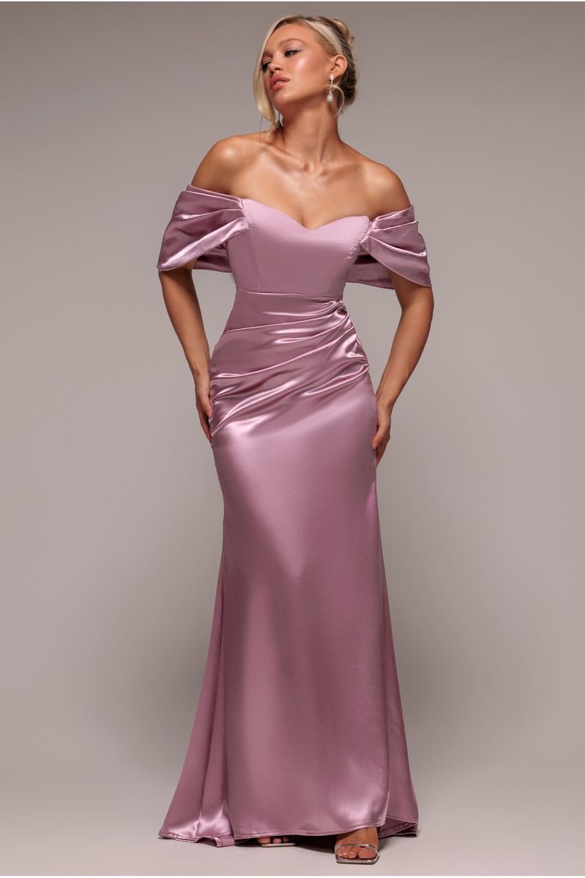 Goddiva Off Shoulder Satin Maxi With V Neck – Rosepink