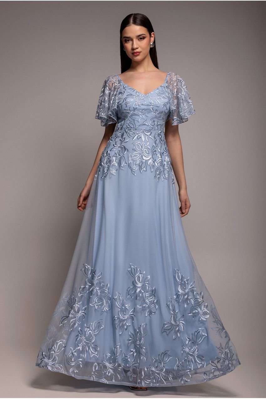 Goddiva Lace Flutter Sleeve Embroidered Mesh A Line Maxi Dress – Blue