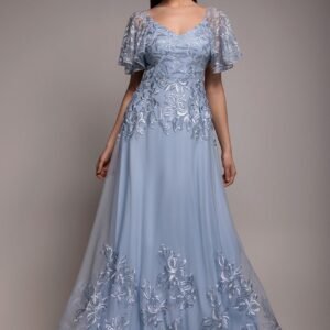 Goddiva Lace Flutter Sleeve Embroidered Mesh A Line Maxi Dress - Blue