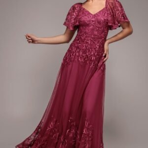 Goddiva Lace Flutter Sleeve Embroidered Mesh A Line Maxi Dress - Burgundy