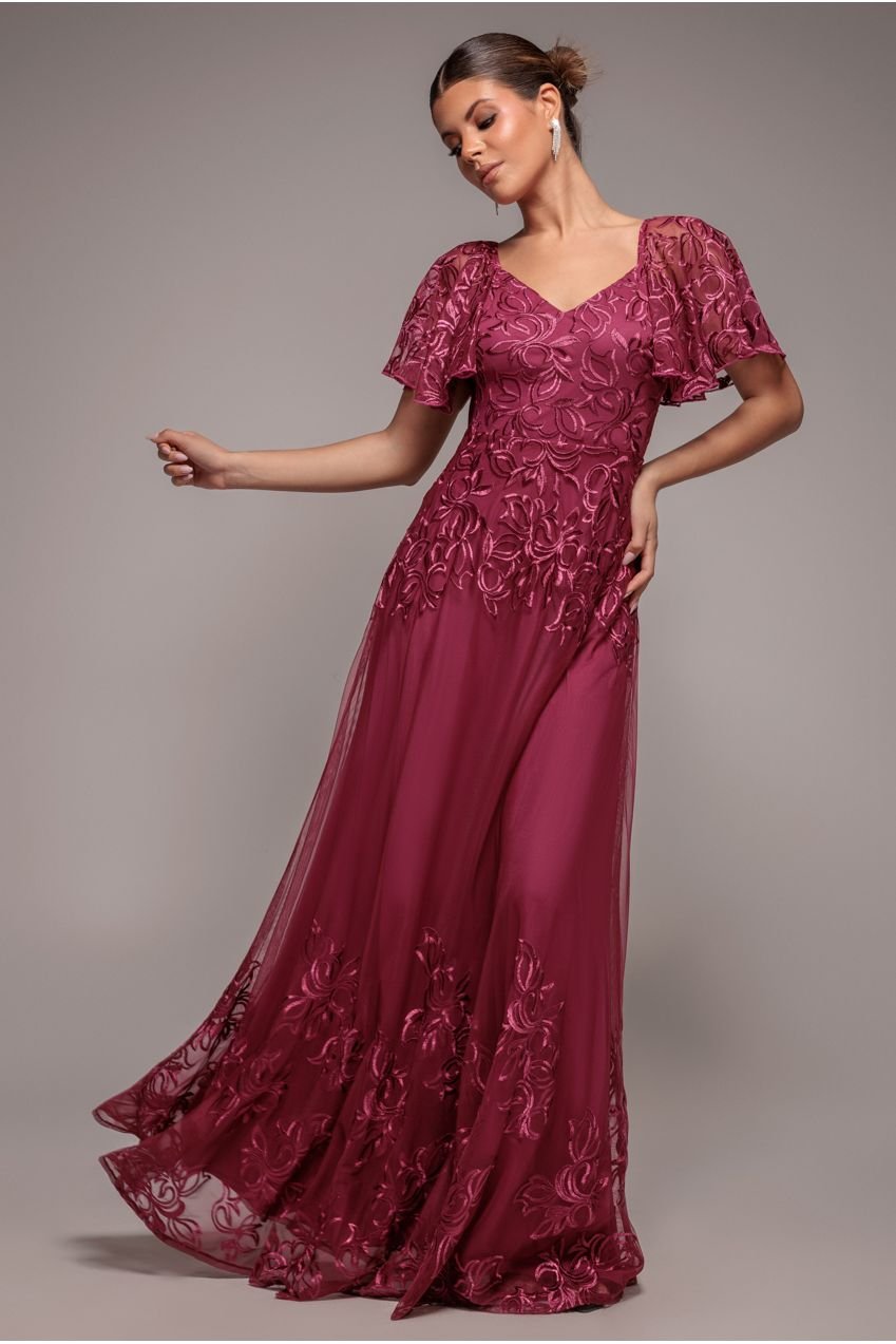 Goddiva Lace Flutter Sleeve Embroidered Mesh A Line Maxi Dress – Burgundy