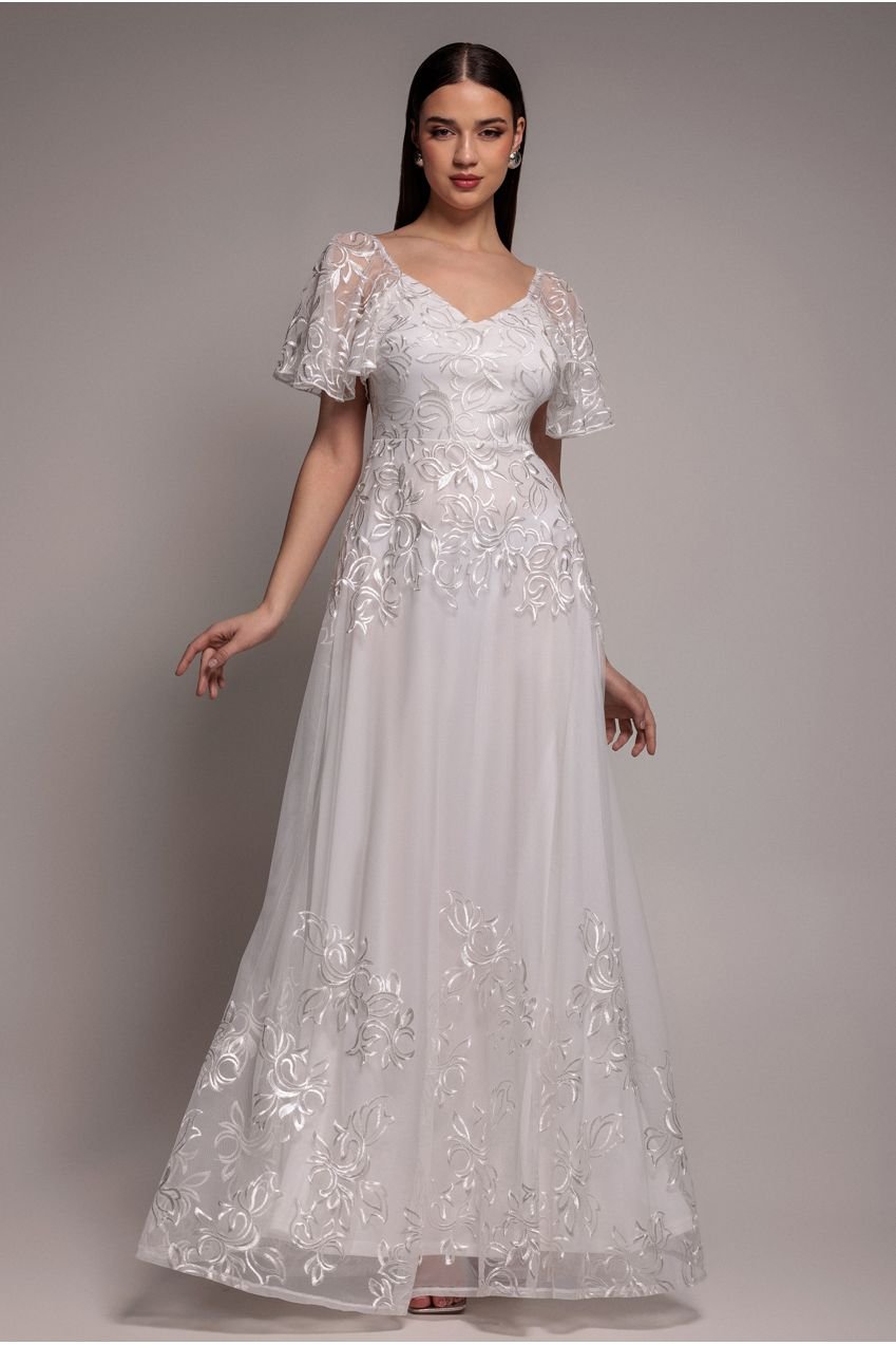 Goddiva Lace Flutter Sleeve Embroidered Mesh A Line Maxi Dress – White