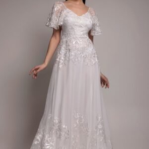 Goddiva Lace Flutter Sleeve Embroidered Mesh A Line Maxi Dress - White
