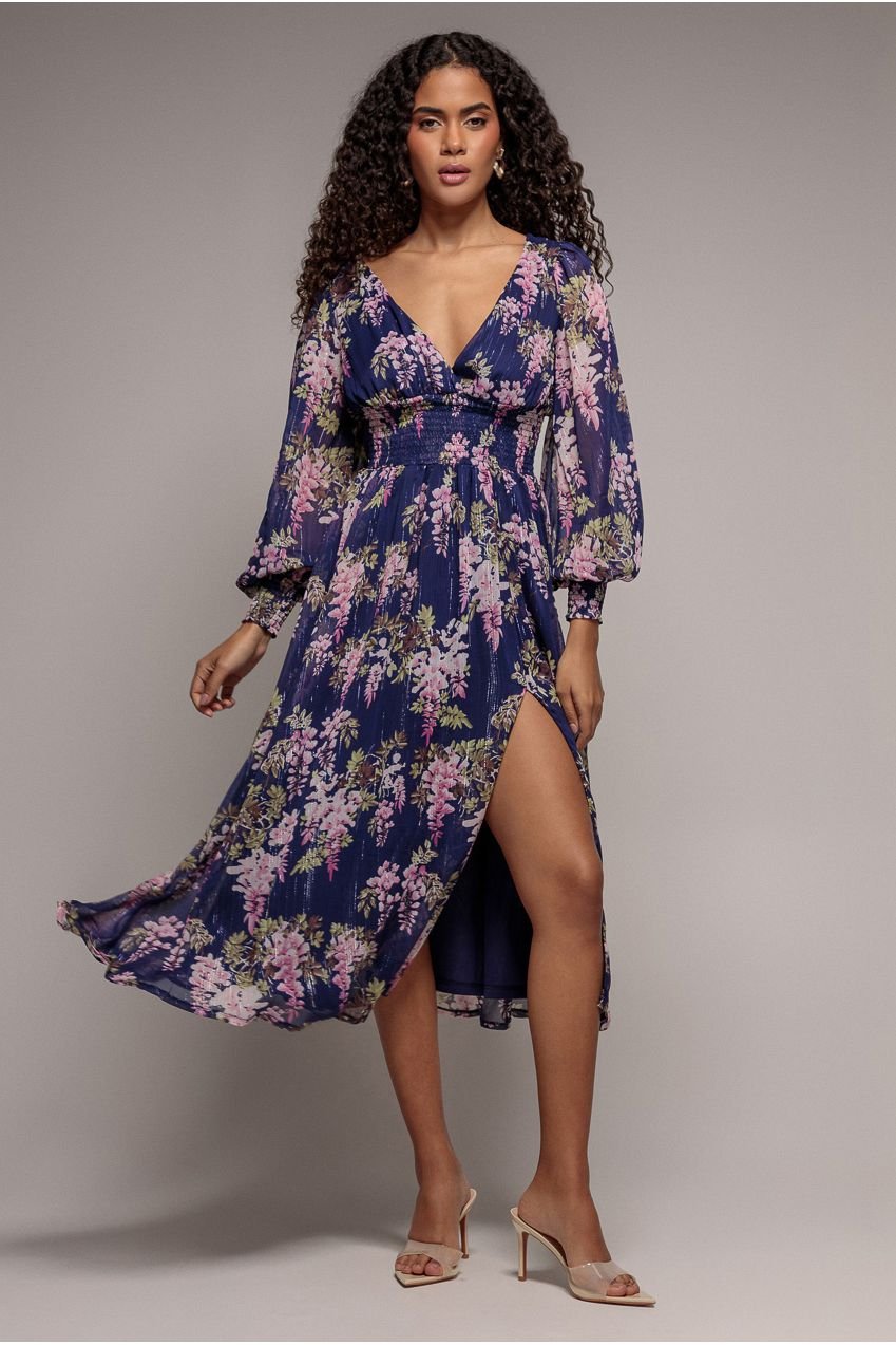 Goddiva Printed Lurex Chiffon Long Sleeve Midi Dress – Navy