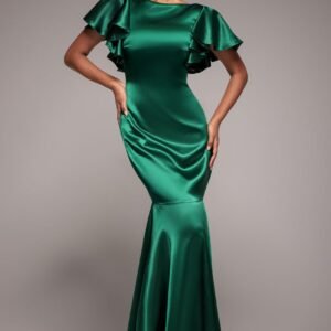 Goddiva Satin Flutter Sleeve Mermaid Maxi - Emerald Green