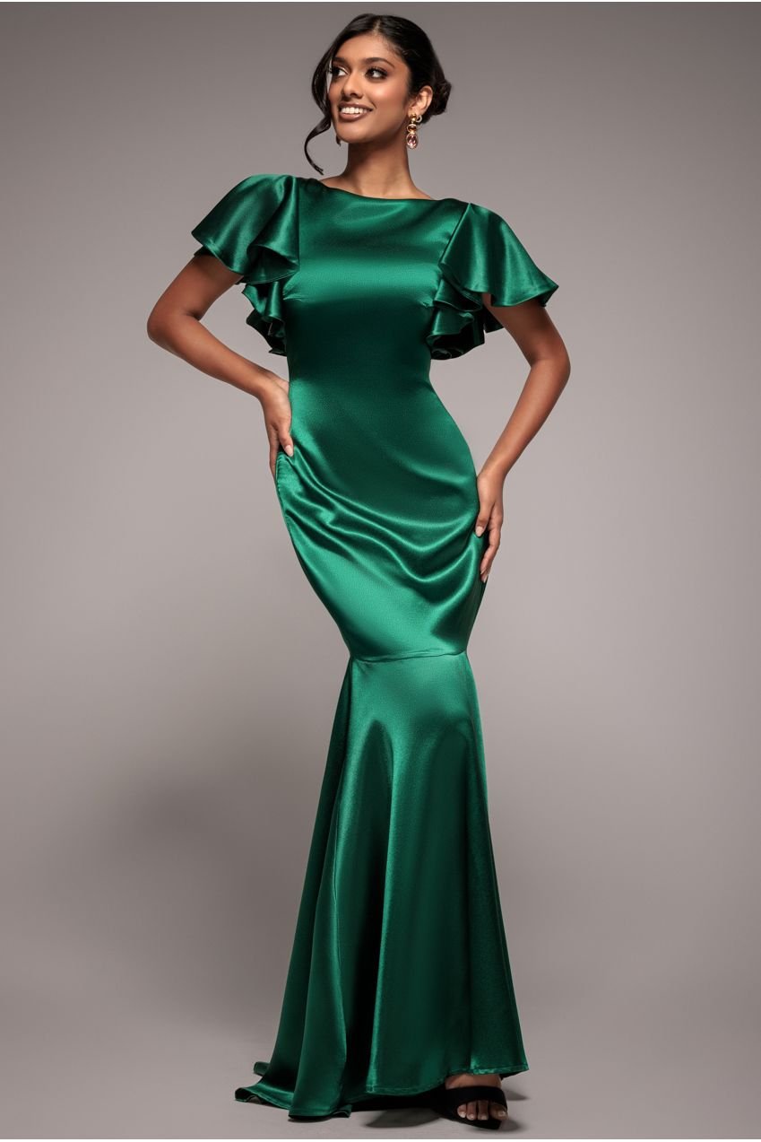 Goddiva Satin Flutter Sleeve Mermaid Maxi – Emerald Green