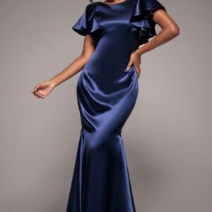 Goddiva Satin Flutter Sleeve Mermaid Maxi - Navy