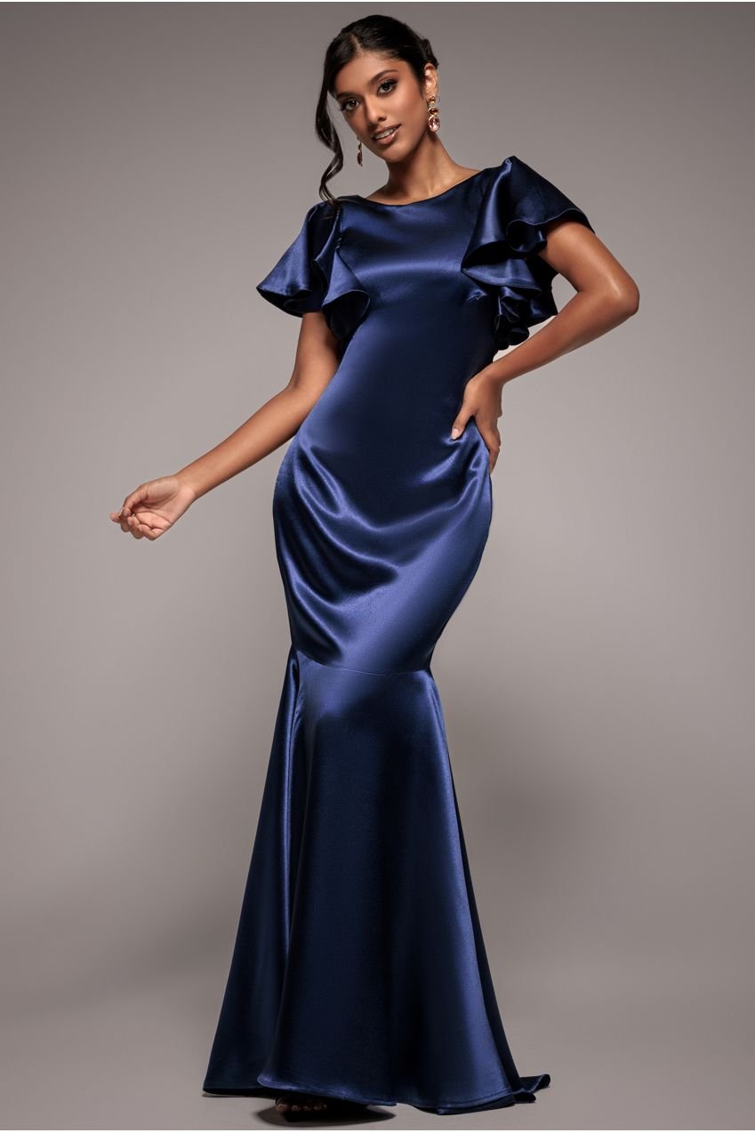 Goddiva Satin Flutter Sleeve Mermaid Maxi – Navy