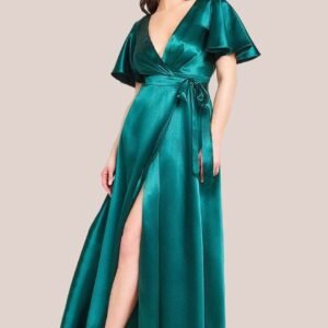 Goddiva Flutter Sleeve Wrapover Satin Maxi Dress - Emerald Green