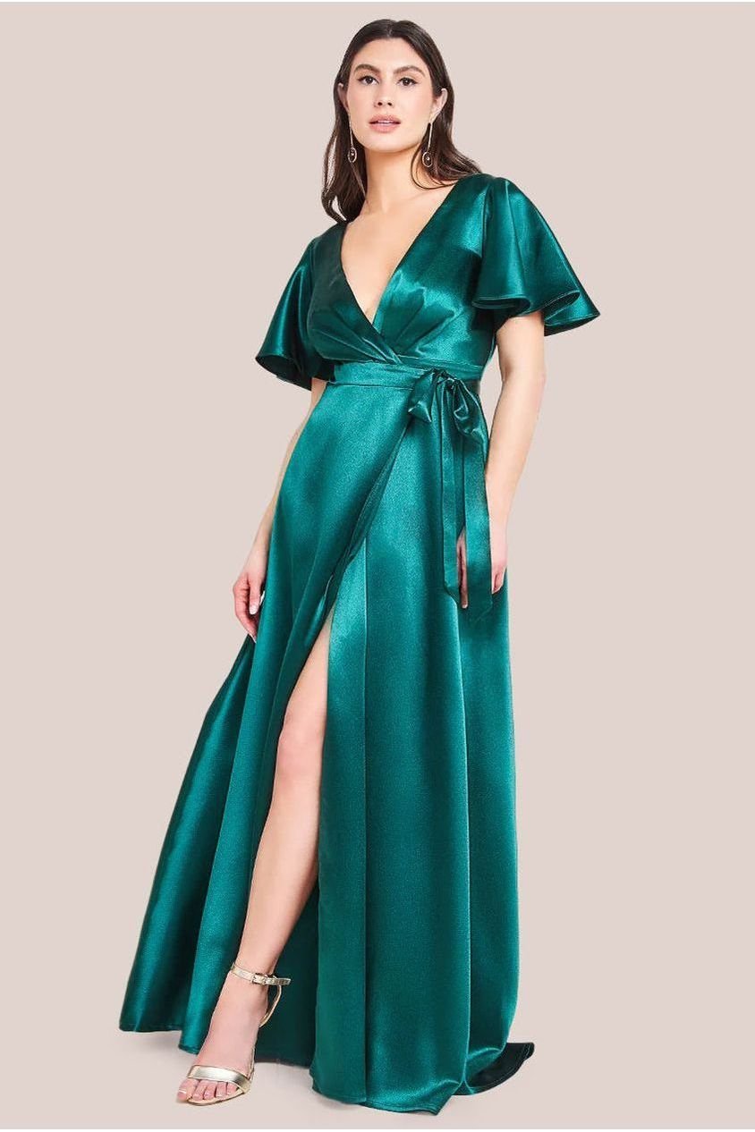 Goddiva Flutter Sleeve Wrapover Satin Maxi Dress – Emerald Green
