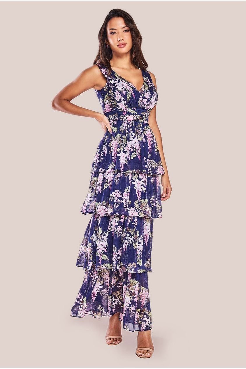 Goddiva Multilayered Chiffon Maxi Dress – Navy Floral