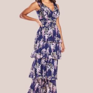 Goddiva Multilayered Chiffon Maxi Dress - Navy Floral