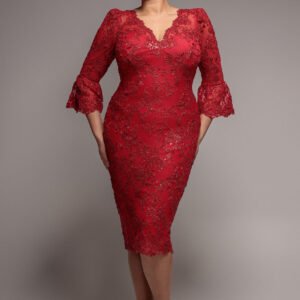 Goddiva Plus Scallop Lace Midi Dress- Red
