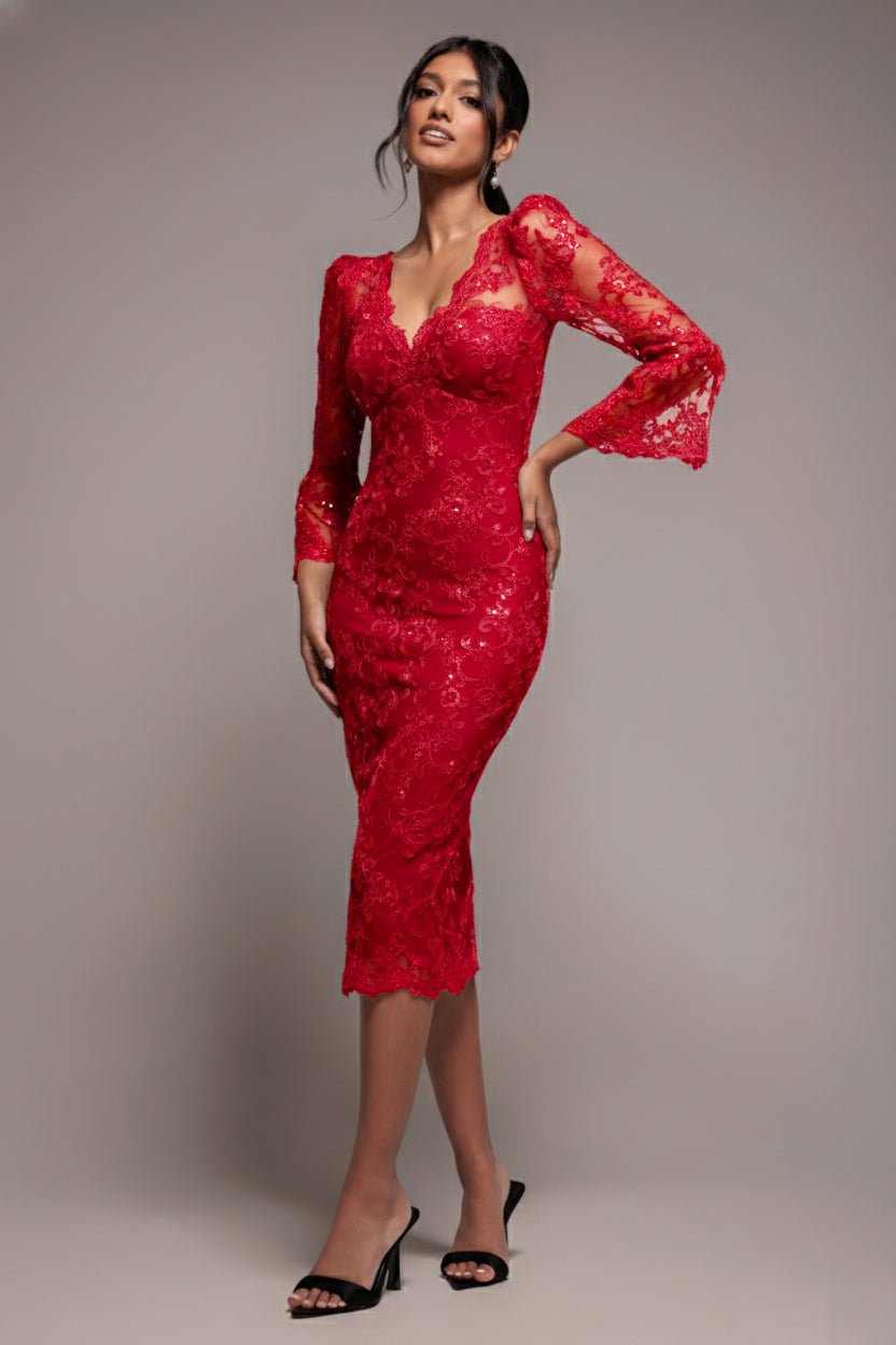 Goddiva Sequin Scallop Lace Midi Dress – Red