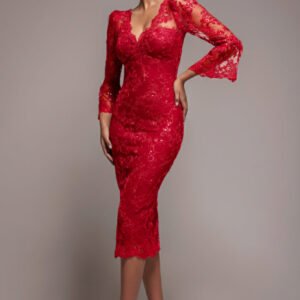 Goddiva Sequin Scallop Lace Midi Dress - Red