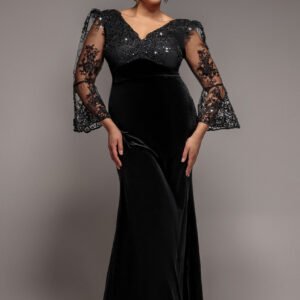 Goddiva Plus Scalloped Lace & Velvet Maxi Dress - Black