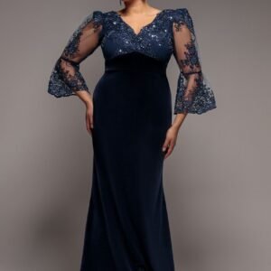 Goddiva Plus Scalloped Lace & Velvet Maxi Dress - Navy