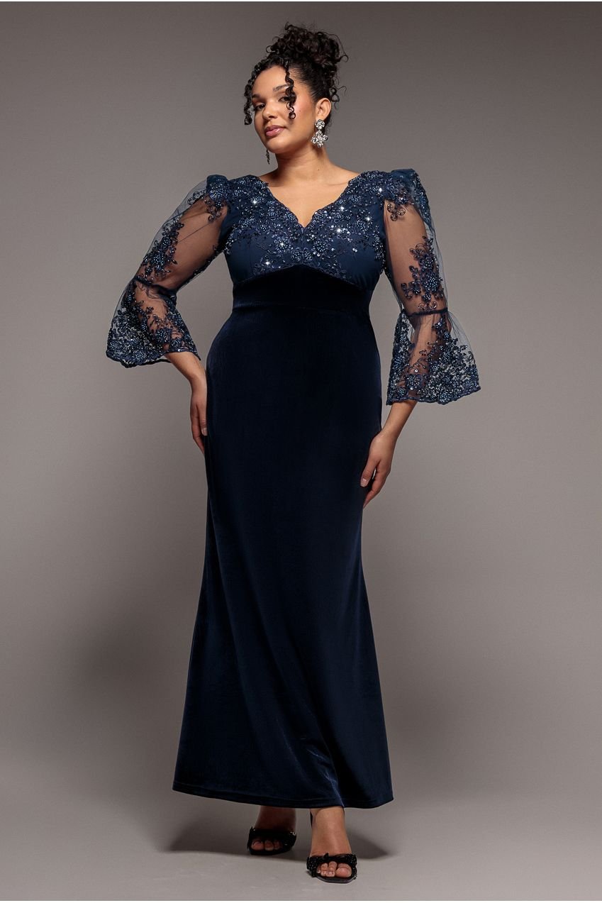 Goddiva Plus Scalloped Lace & Velvet Maxi Dress – Navy