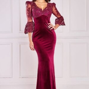 Goddiva Scalloped Lace & Velvet Maxi Dress - Burgundy