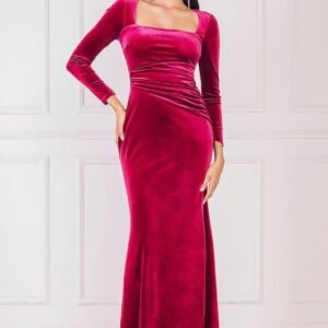 Goddiva Square Neck Gathered Waist Velvet Maxi - Burgundy