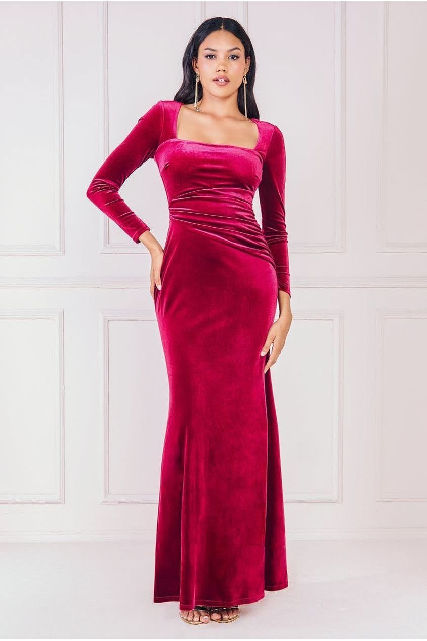 Goddiva Square Neck Gathered Waist Velvet Maxi – Burgundy