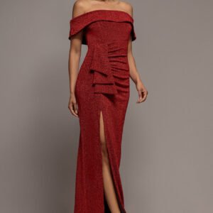Goddiva Sparkle Bardot Maxi With Waterfall Ruffle - Red