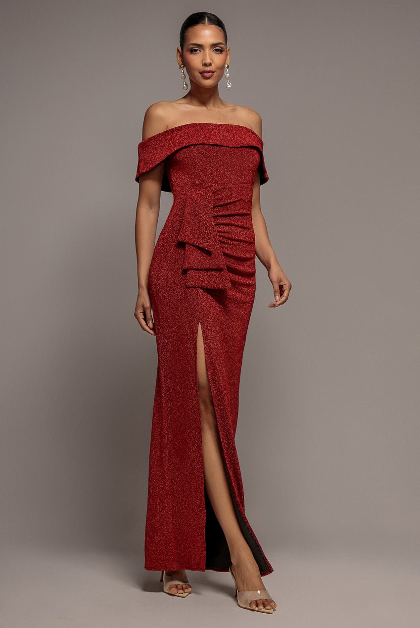 Goddiva Sparkle Bardot Maxi With Waterfall Ruffle – Red