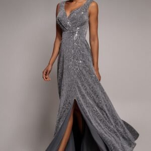 Goddiva Wrap Glitter Lurex Sleeveless Maxi Dress - Silver