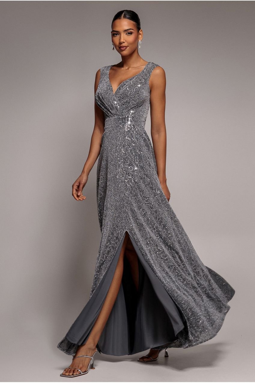 Goddiva Wrap Glitter Lurex Sleeveless Maxi Dress – Silver