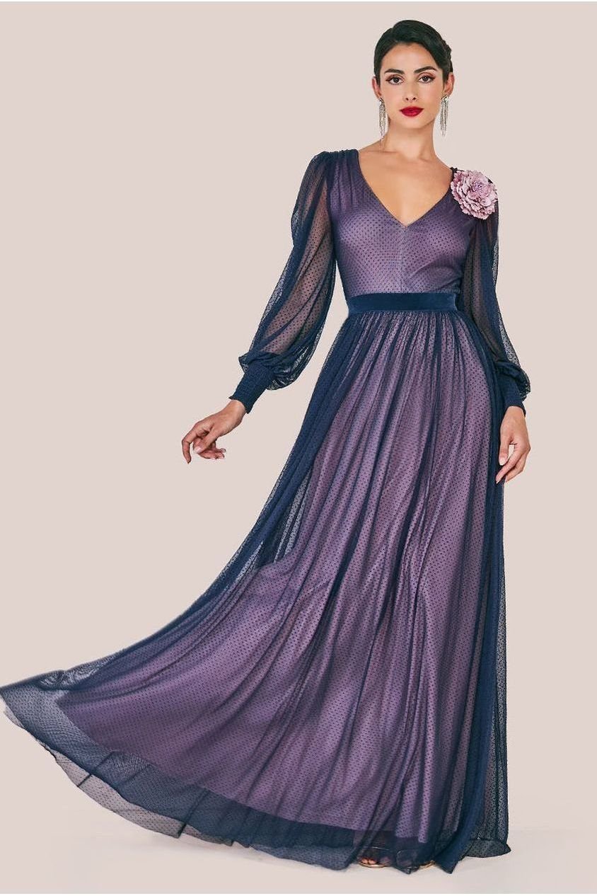 Goddiva Corsage V-Neck Dobby Mesh Maxi – Blue