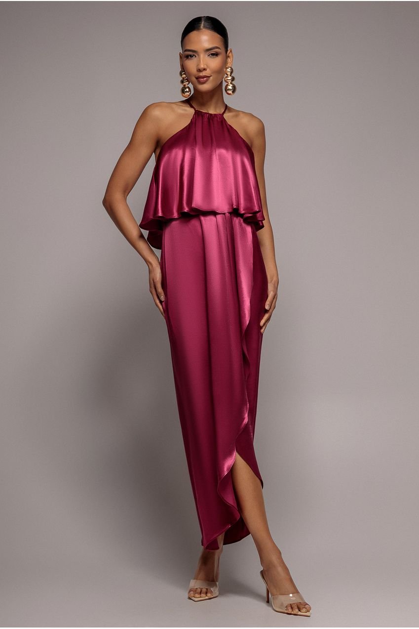 Goddiva Satin Viscose Front Wrap Midaxi Dress – Burgundy