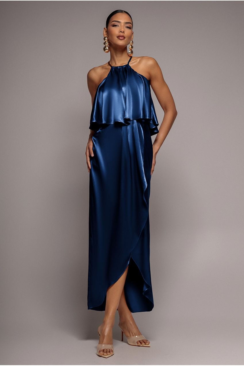 Goddiva Satin Viscose Front Wrap Midaxi Dress – Navy