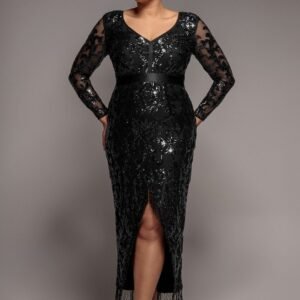Goddiva Plus Tassel & Sequin Midaxi With Front Split - Black